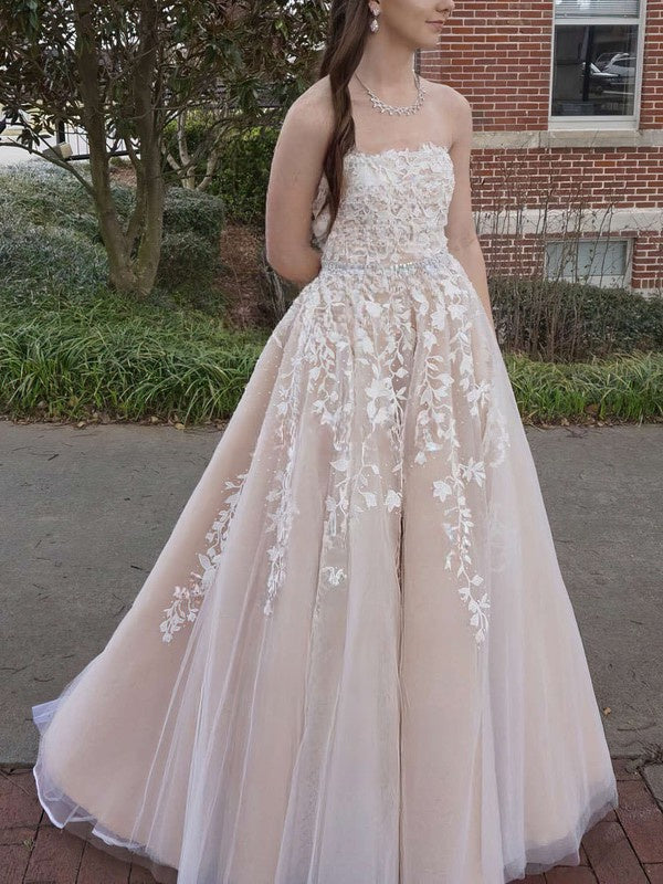 Princess Strapless Tulle Prom Dresses with Beading