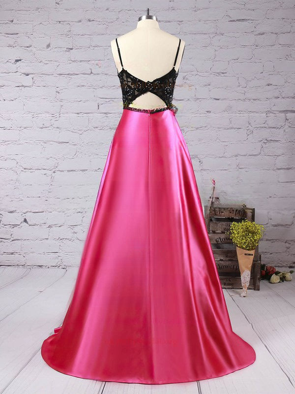 Princess V-neck Beaded Satin Floor-length Prom Dress