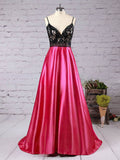 Princess V-neck Beaded Satin Floor-length Prom Dress