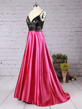 Princess V-neck Beaded Satin Floor-length Prom Dress