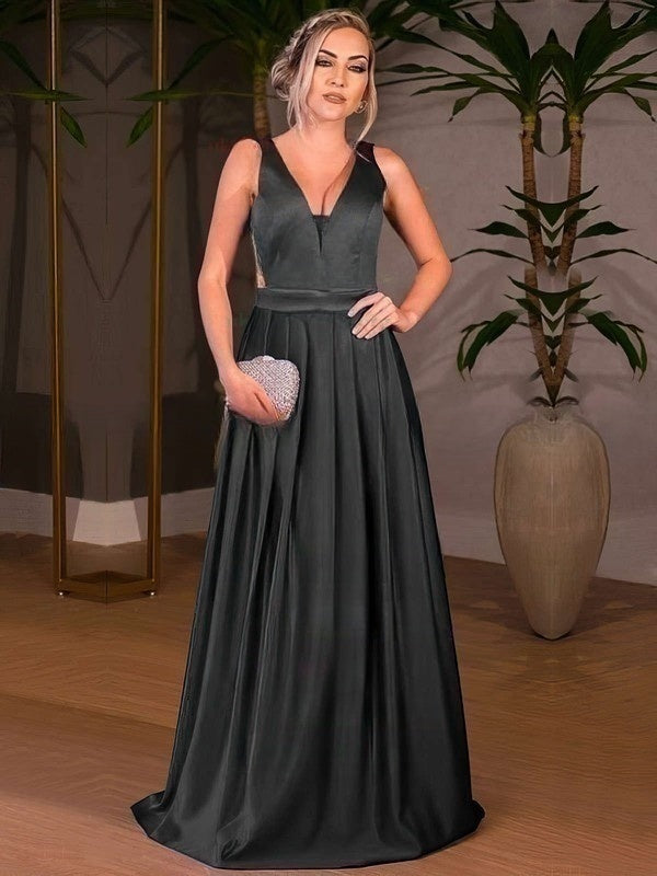 Princess V-neck Satin Floor-length Prom Dresses