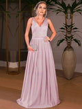 Princess V-neck Satin Floor-length Prom Dresses