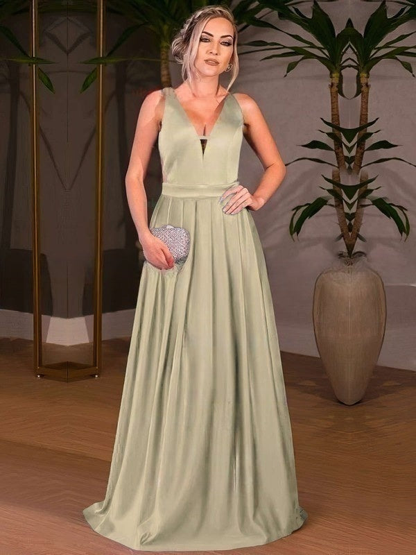 Princess V-neck Satin Floor-length Prom Dresses