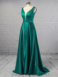 Princess V-neck Satin Prom Dresses with Sashes / Ribbons and Sweep Train