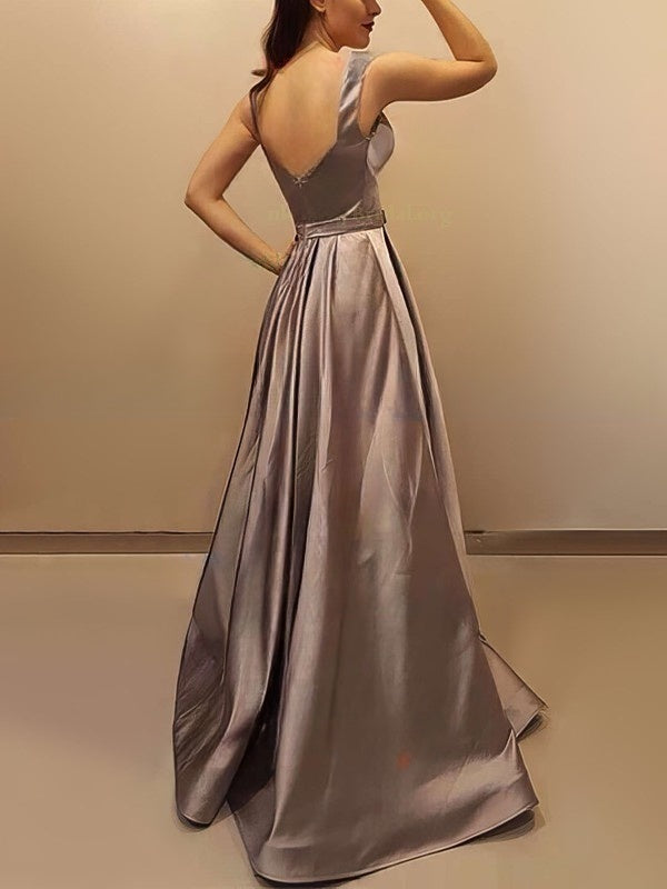 Princess V-neck Satin Prom Dresses with Sashes / Ribbons and Sweep Train