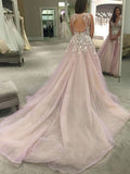 Princess V-neck Tulle Court Train Prom Dresses with Appliques Lace