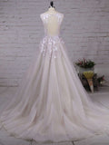 Princess V-neck Tulle Court Train Prom Dresses with Appliques Lace