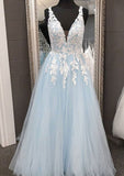 Princess V Neck Tulle Prom Dress With Appliqued Lace-27dress