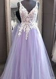 Princess V Neck Tulle Prom Dress With Appliqued Lace-27dress