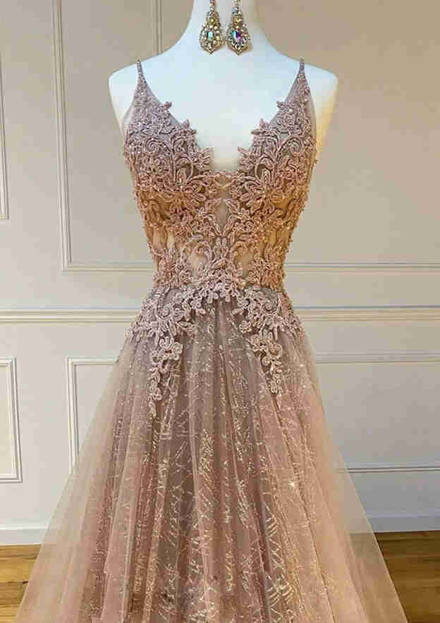 Princess V Neck Tulle Yarn Prom Dress With Glitter and Sweep Train-27dress