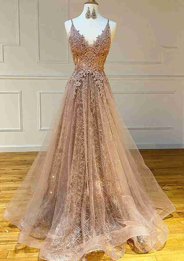 Princess V Neck Tulle Yarn Prom Dress With Glitter and Sweep Train-27dress