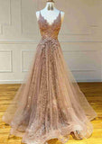 Princess V Neck Tulle Yarn Prom Dress With Glitter and Sweep Train-27dress