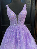 Purple Long A-line V Neck Tulle Lace Prom Formal Graduation Evening Dresses-27Dress