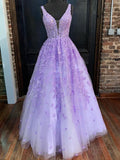 Purple Long A-line V Neck Tulle Lace Prom Formal Graduation Evening Dresses-27Dress