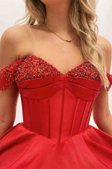 Red Beaded Corset A-Line Off-the-Shoulder Prom Gown