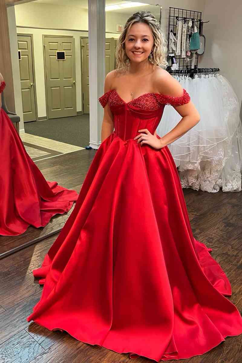 Red Beaded Corset A-Line Off-the-Shoulder Prom Gown