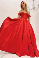 Red Beaded Corset A-Line Off-the-Shoulder Prom Gown