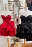 Red Corset Sequin Appliques Short Party Dress with Bow