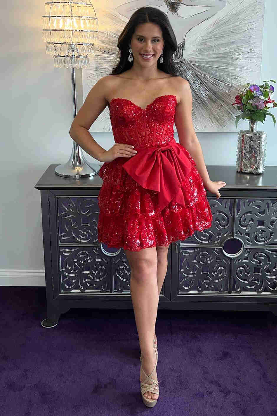 Red Corset Sequin Appliques Short Party Dress with Bow