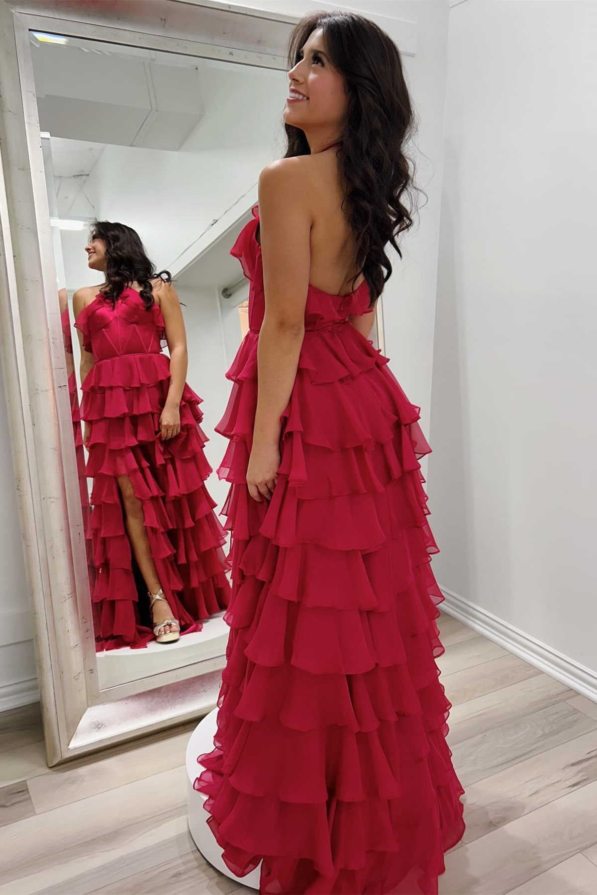 Red Halter Ruffle Tiered Chiffon Prom Dress with Slit