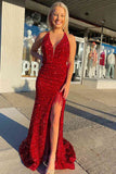 Red Halter Sequins Long Prom Dress with Tassel