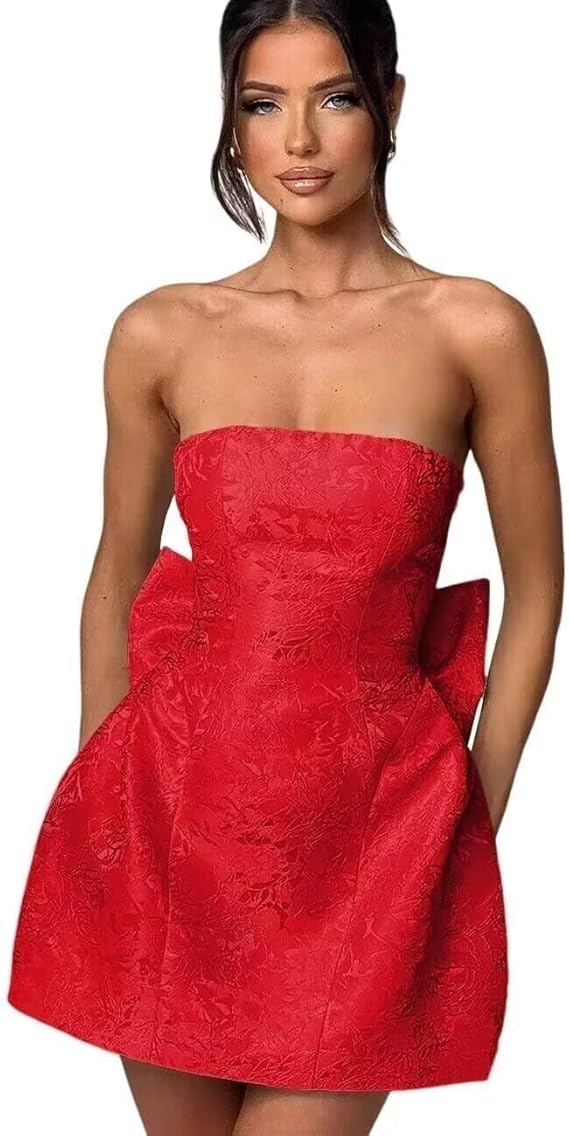 Short Ball Gown Strapless Sleeveless Lace up Jacquard Satin Homecoming Dress with Bow