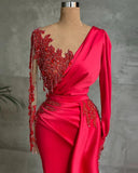 Red Long Mermaid Satin Prom Dress with Sleeves-27Dress