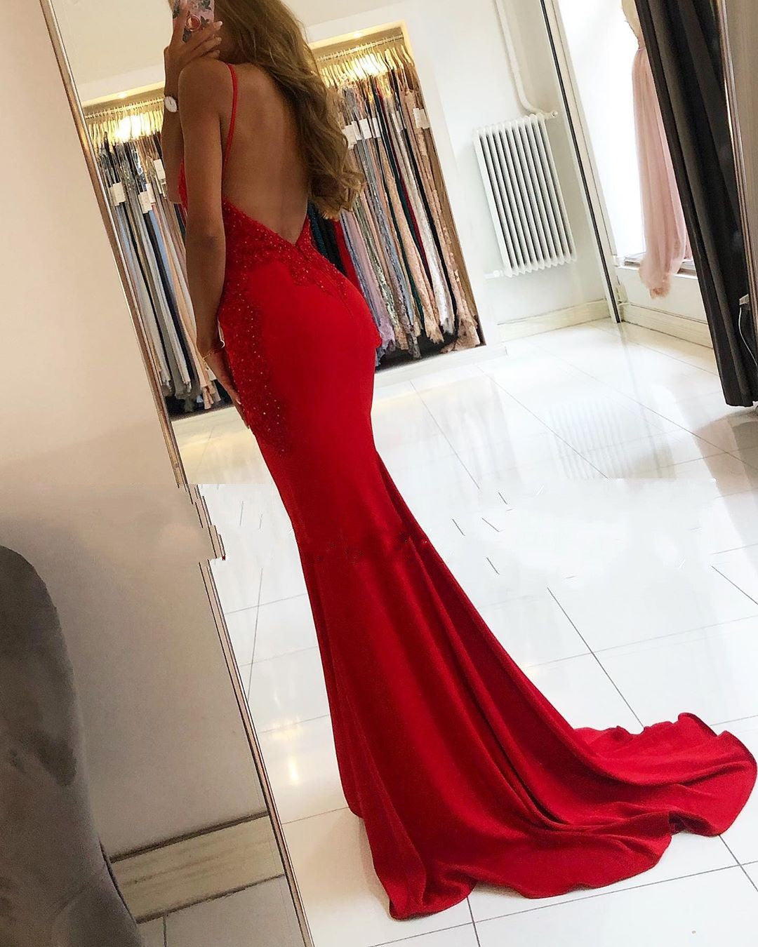 Red Long Mermaid V-neck Spaghetti Straps Backless Prom Dresses-27Dress