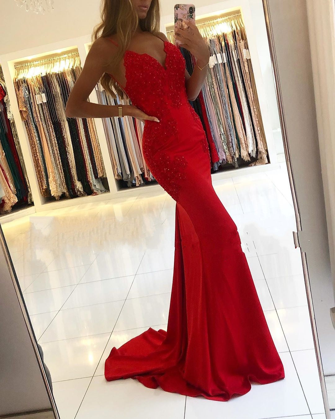 Red Long Mermaid V-neck Spaghetti Straps Backless Prom Dresses-27Dress