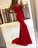 Red Long Mermaid V-neck Spaghetti Straps Backless Prom Dresses-27Dress