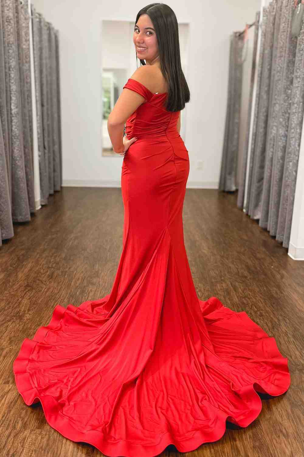 Red Off-Shoulder Mermaid Satin Pleated Long Prom Dress