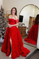 Red Off the Shoulder Ruffle A-Line Prom Dress with Slit