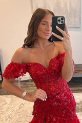 Off the Shoulder Red Sequin Tiered Mermaid Long Prom Dress