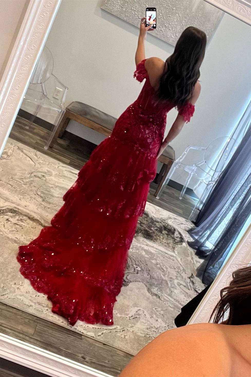 Off the Shoulder Red Sequin Tiered Mermaid Long Prom Dress