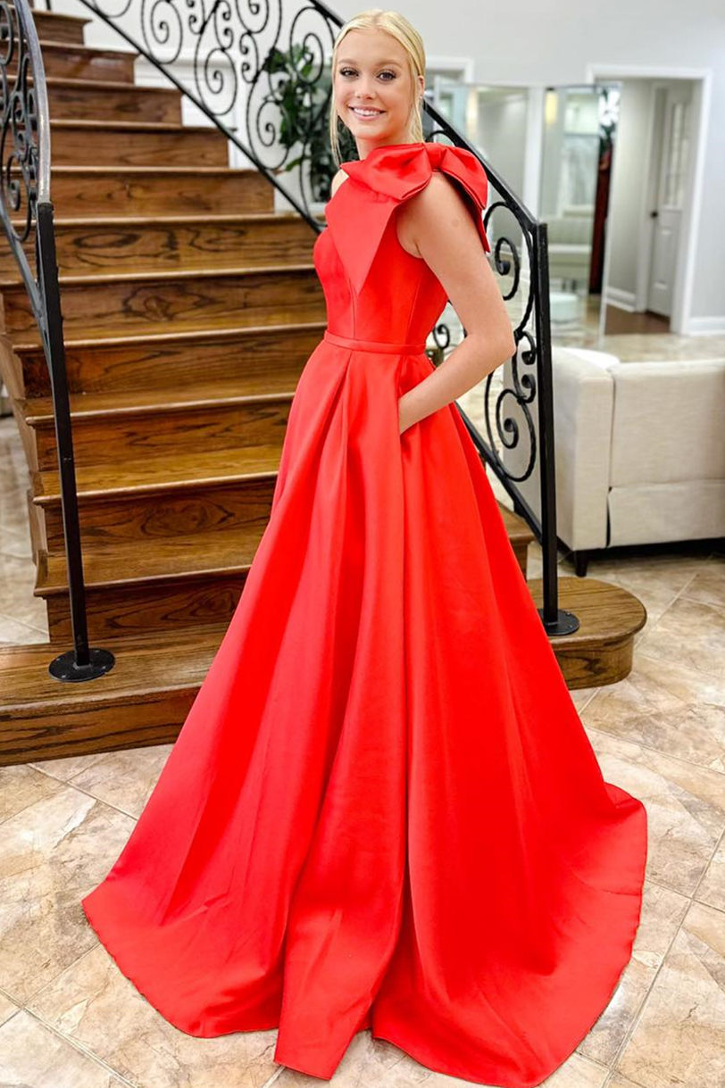 Red One Shoulder Bow Tie Satin Prom Dress with Pockets