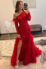 Red One Shoulder Lace Mermaid Tiered Prom Dress with Detachable Sleeves