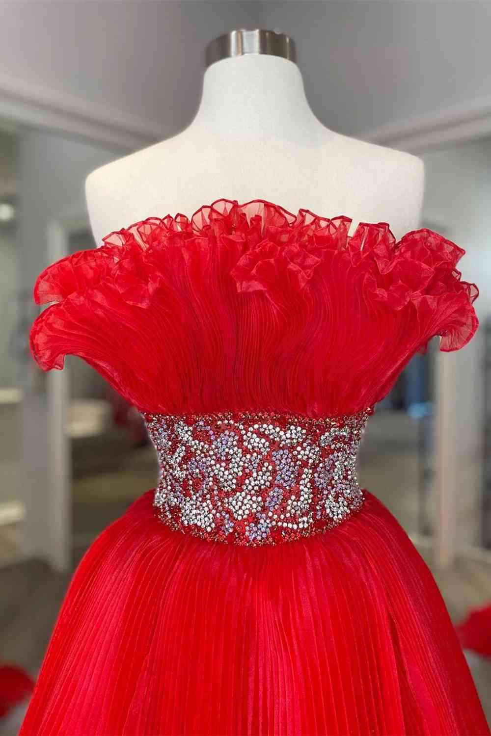 Red Pleated Ruffle Long Prom Dress with Crystal Belt