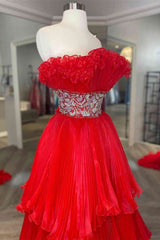 Red Pleated Ruffle Long Prom Dress with Crystal Belt