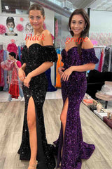 Red Puff Sleeves Sequined Long Party Dress with Side Slit