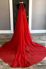 Red Strapless Beaded Side Slit Long Prom Dress with Cape-27dress