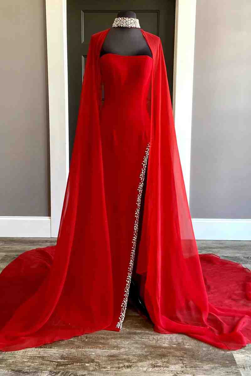 Red Strapless Beaded Side Slit Long Prom Dress with Cape-27dress