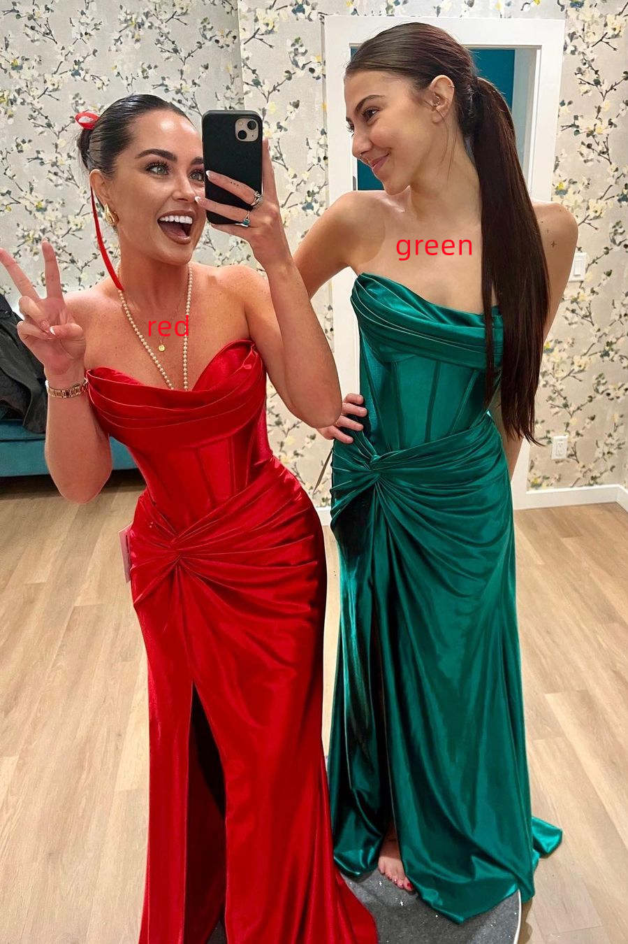 Red Strapless Ruched Mermaid Long Formal Dress with Slit