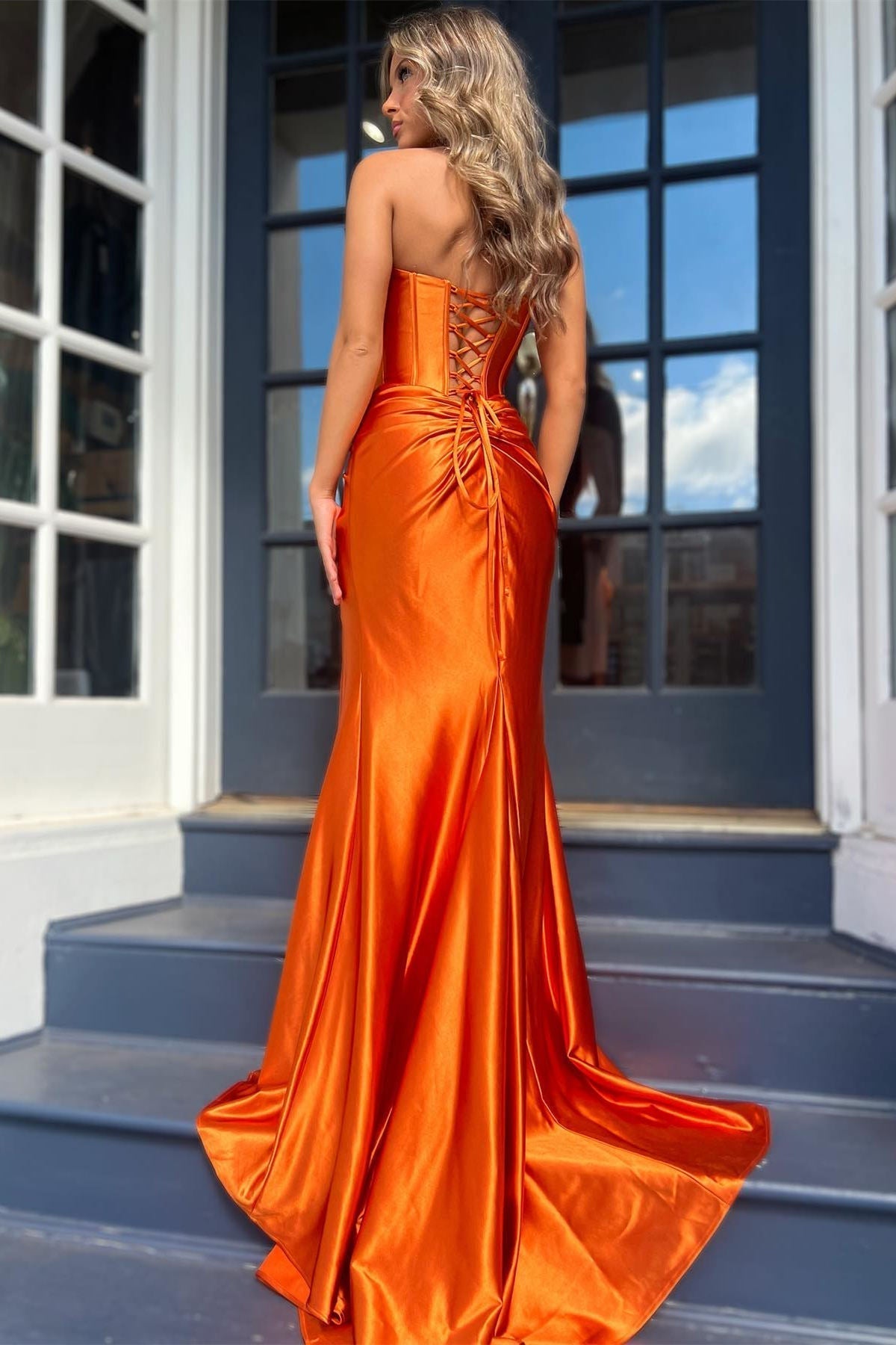 Red Strapless Ruched Mermaid Long Formal Dress with Slit