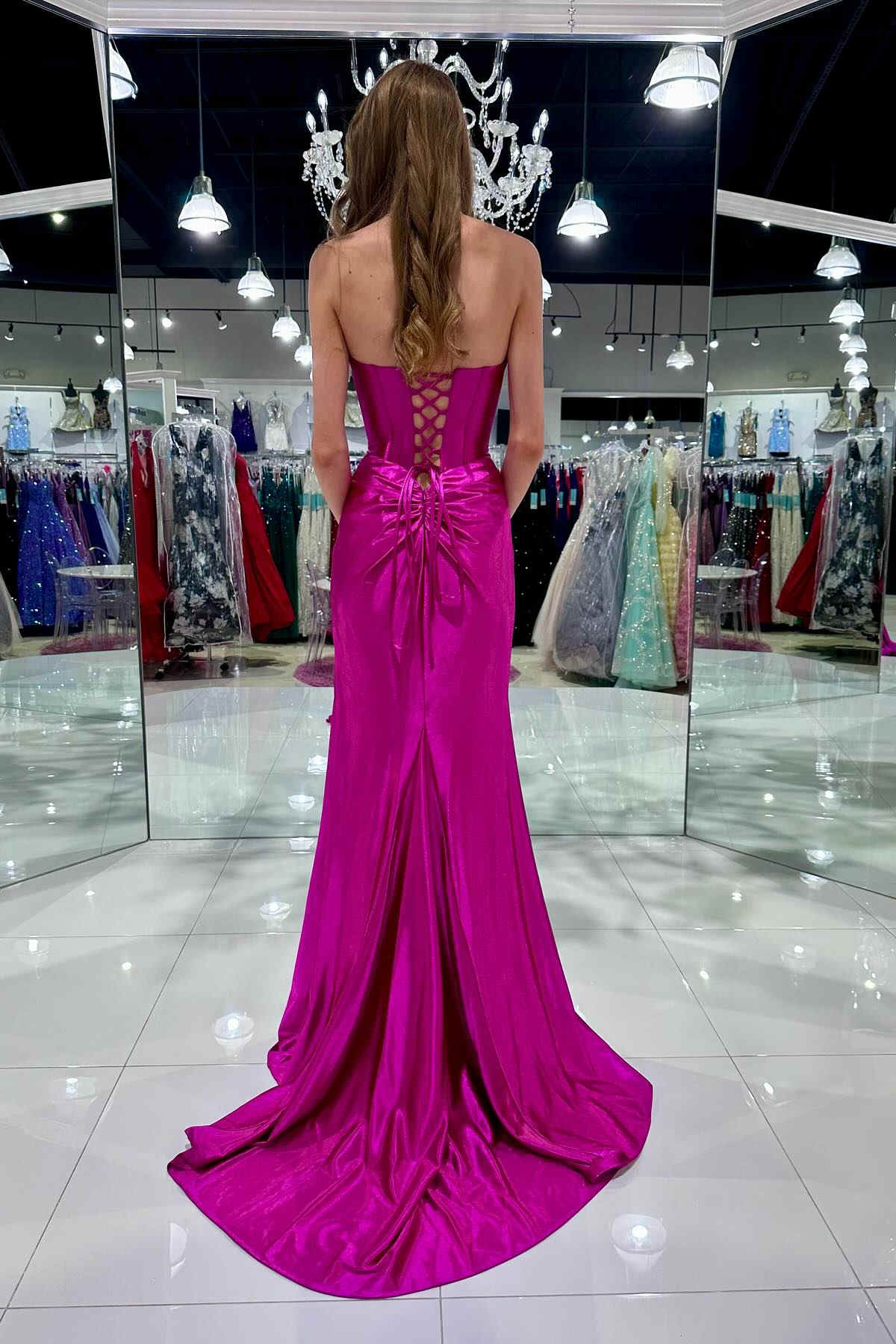 Red Strapless Ruched Mermaid Long Formal Dress with Slit