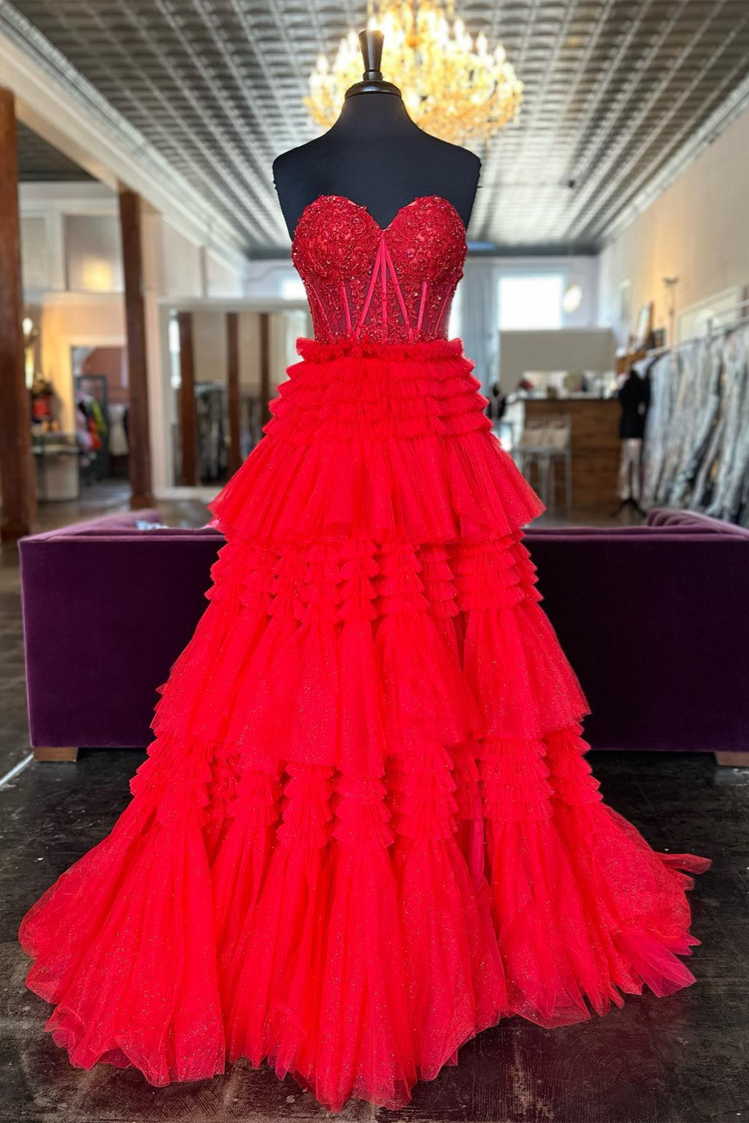 Red Strapless Sweetheart Sequins Top Multi-Layers Long Prom Dress