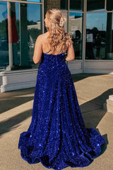 Royal Blue A-Line One Shoulder Sequined Long Party Dress