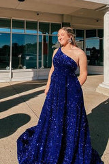 Royal Blue A-Line One Shoulder Sequined Long Party Dress