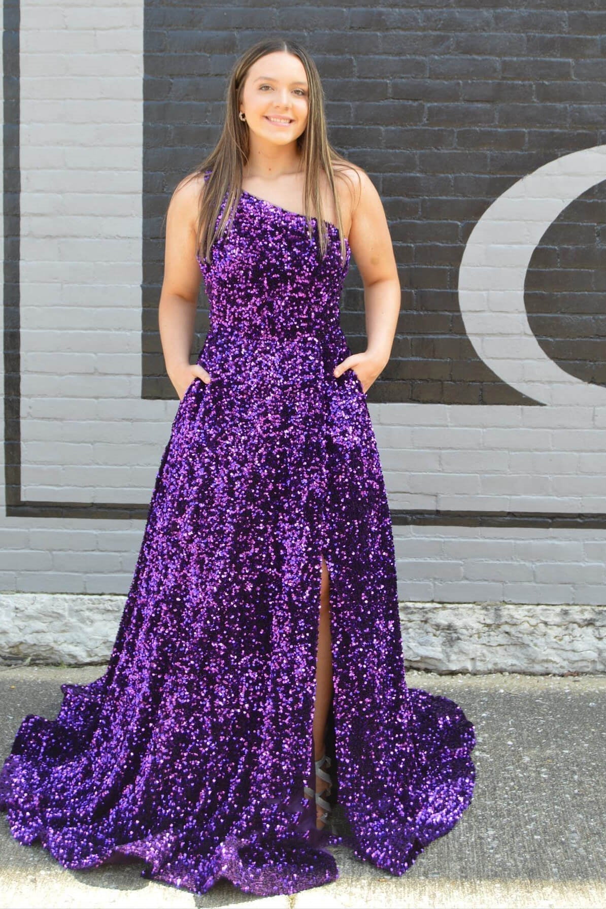 Royal Blue A-Line One Shoulder Sequined Long Party Dress