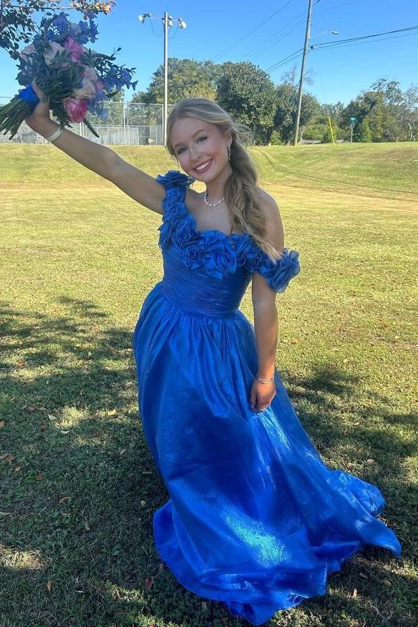 Royal Blue A-Line Pleated Prom Dress with Flower Off Shoulder