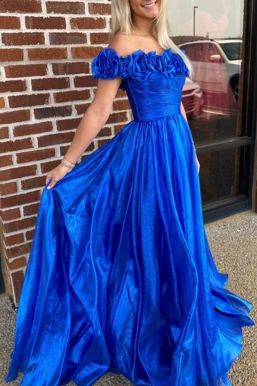 Royal Blue A-Line Pleated Prom Dress with Flower Off Shoulder